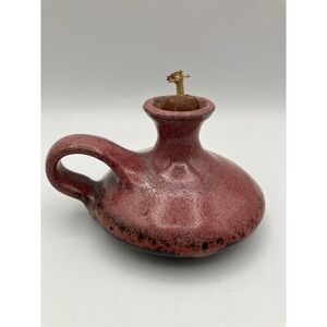Vintage Handcrafted Ceramic Oil Lamp/Handle/Wick, Dark‎ Pink  Glazed Pottery 3"H